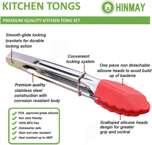 Set of 3 Mini Tongs 7-Inch Serving Tongs with Silicone Tips (Green Red Blue)