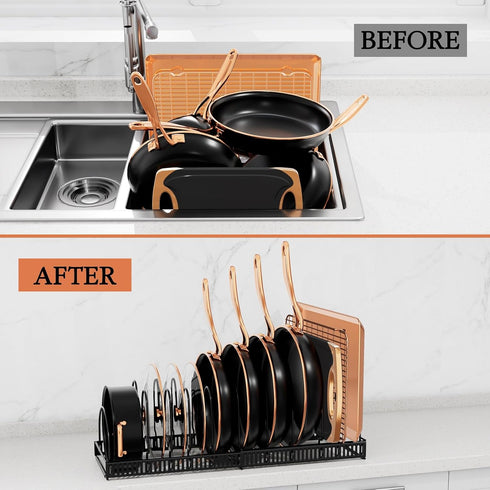 Expandable Pot and Pan Organizer Rack - Space-Saving Kitchen Cabinet Storage Solution