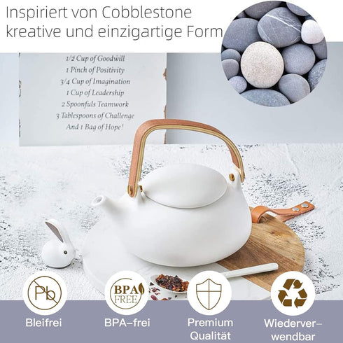 2cup 800ml ZENS Teapot with Infuser, Ceramic Japanese Teapot for Loose Leaf Tea, Small Matte White Porcelain Tea Pot