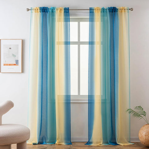 Yancorp Sheer Curtain Semi Bedroom Curtains, 63 inches Length Linen Blue Beige Ombre Rod Pocket Drapes for Kids Window