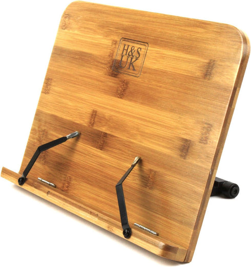 H&S Bamboo Recipe Book Holder - Foldable & Portable Cookbook Stand for Desk or Kitchen