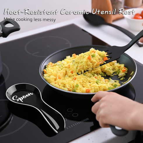 Ceramic Spoon Rest for Stove Top, DAYYET Large Spoon Holder for Kitchen Counter, Black