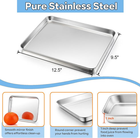 TeamFar Toaster Oven Pan, 12.5’’ x 10’’ x 1’’ Stainless Steel Baking Pan Tray Cooling Wire Rack with Silicone Mat Set for Cooking Use, Healthy & Sturdy, Oven & Dishwasher Safe, Set of 3