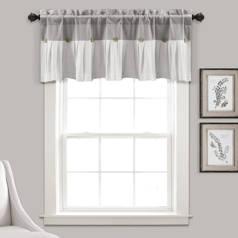 Lush Decor Linen Button Farmhouse Valance - 52" W x 18" L, Gray & White, Rustic Kitchen Curtains with Coconut Husk