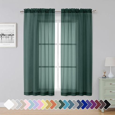 Hunter Green Sheer Curtains, 63 Inch Length 2 Panels, Solid Color Rod Pocket Window Sheer Curtain Panels for Living