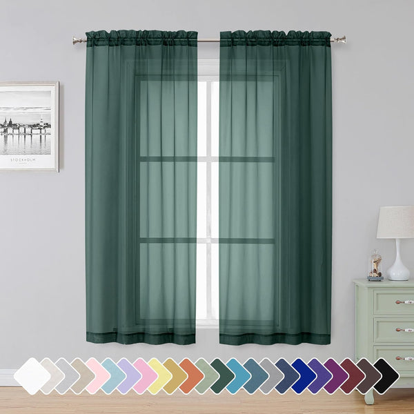 Hunter Green Sheer Curtains, 63 Inch Length 2 Panels, Solid Color Rod Pocket Window Sheer Curtain Panels for Living