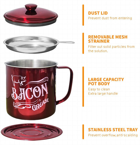 QMET 1.3L Bacon,46oz Bacon Grease Saver Container with Fine Mesh Strainer,Stainless Steel Oil Keeper Can for Large