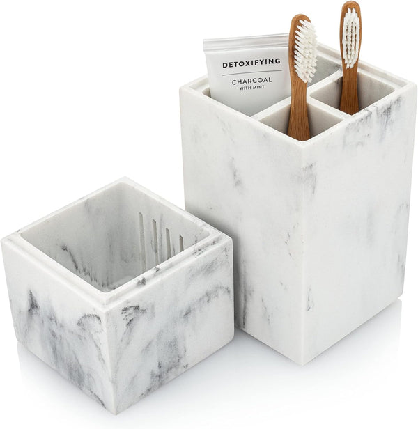 Essentra Home Toothbrush Holder with Lid, Elegant White Marble Bathroom Toothbrush &