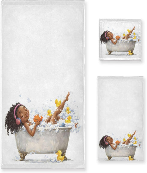 ALAZA Towel Bathroom Sets, African Girl On Bath with Music Yellow Duck