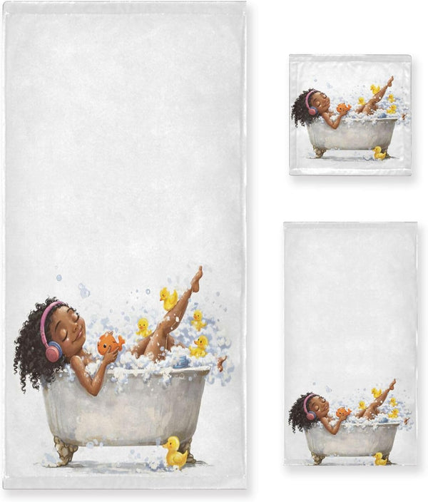 ALAZA Towel Bathroom Sets, African Girl On Bath with Music Yellow Duck