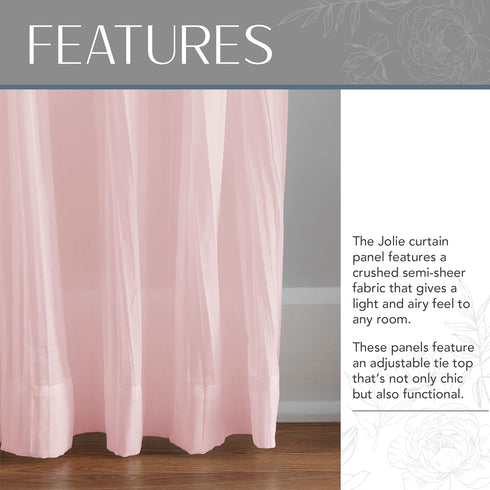 Elrene Home Fashions Jolie Crushed Semi-Sheer Window Curtain, 52" x 84" (1 Panel), Adjustable Tie-Top, Blush