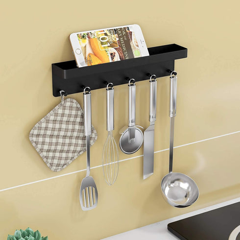MKO Key Holder Wall Mount, Adhesive Key Holder with Mail Organizer Tray and 6 Hooks for Wall, Black
