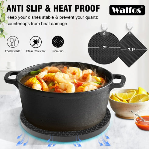 Walfos Silicone Trivet Mats - 4 Heat Resistant Non-Slip Hot Pads for Kitchen, Food Grade Silicone (Black)