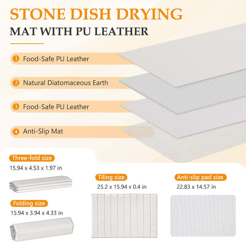 Counter Countertop, 24"x16" Stone Drying Mat for Kitchen Quick Dry PU-Coated Diatomaceous Earth Dish Drying Mat