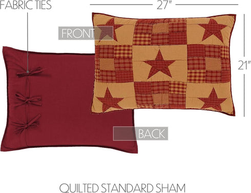 VHC Brands Ninepatch Star Hand Quilted Standard Sham, Red, 21x27 Bedroom Decor
