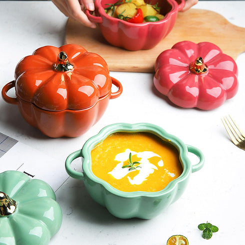 Dutch Oven Pot with Lid, Pumpkin Pottery Dessert Saucepan, Mini Baking Dish, Green