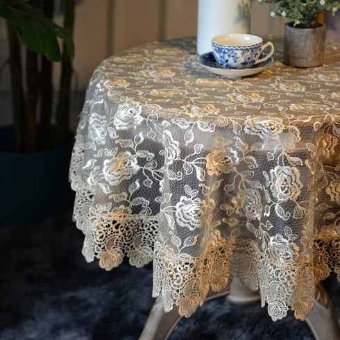 33 inch SUTAVIA Lace Rose Fabric Round Tablecloth Gold Floral Coffee Table Cover Classic Dustproof Table Protector