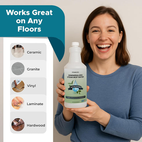 32 oz Steam & Go - Demineralized Water for Steam Cleaner, PVC-Free Floor Cleaner Liquid Compatible with Any Steam Mop