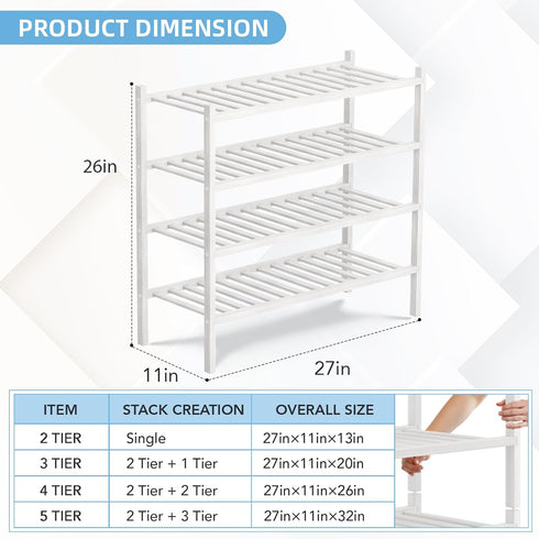 4 Closet, Bathroom27 x11 x26(White, 4 Tier Bamboo Shoe Rack Storage Organizer for Multifunctional Stackable Free