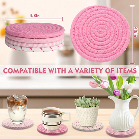 4.8 inch Set 4, Drink Coasters of Large Fabric Cotton Coasters,Cute Girly Absorbent Handmade Woven Coaster,Minimalist