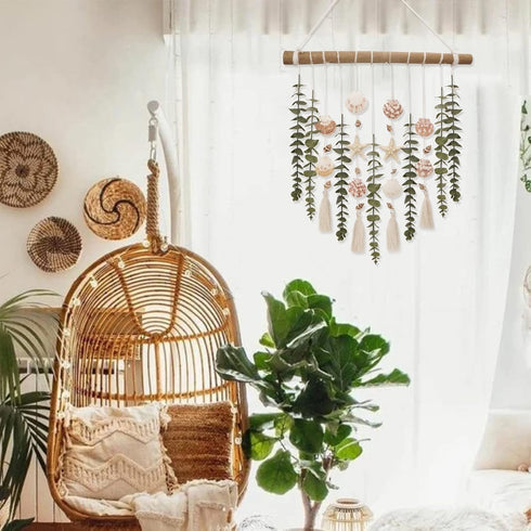 Bathroom Wall Decor Artificial Eucalyptus Boho Bedroom Decor Fake Eucalyptus Plants Leaves with Seashell on Stick