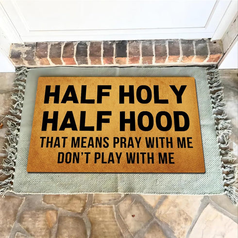 Mat(23.7 15.9 24*16 Funny Welcome Doormats for Entrance Way Indoor Half Holy Half Hood Pray with Me Not Play with Me