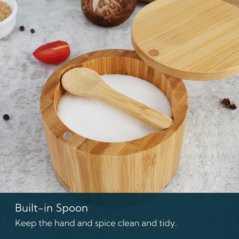 KITCHENDAO Bamboo Salt Cellar Bowl with Built-in Spoon, Elegant Kitchen Storage Jar, 6OZ
