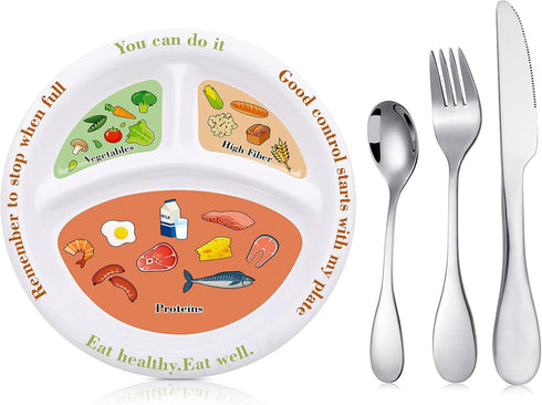 4 Pieces Bariatric Portion Control Plate Set - Stainless Steel Silverware Flatware Set, Melamine Bariatric Plate for