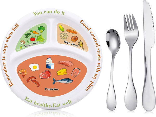 4 Pieces Bariatric Portion Control Plate Set - Stainless Steel Silverware Flatware Set, Melamine Bariatric Plate for
