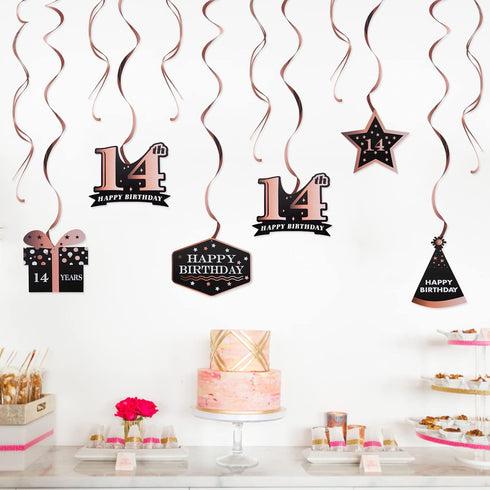 LINGTEER Happy 14th Birthday Decorations, 12 Pcs Black & Rose Gold Foil Swirls Streamer Set for Fourteen Years Old