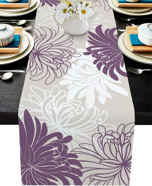 Table Runner, Chrysanthemum Flower Purple White Dresser Scarves for Holiday Dinner Parties, 13x120inch