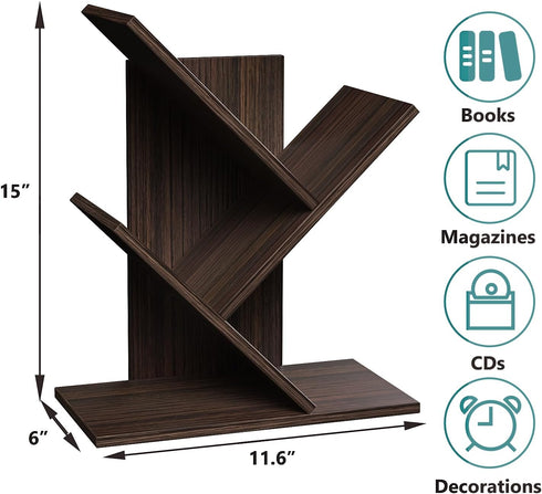 R RUISHENG 3 Tier Small Tree Bookshelf Desk Book Organizer Narrow Bookcases for Books Magazines CDs Free Standing Retro