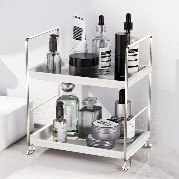 FSyueyun 2-Tier Bathroom Counter Organizer, Tool-Free Installation Vanity Makeup Tray and Skincare Shelf, Silver