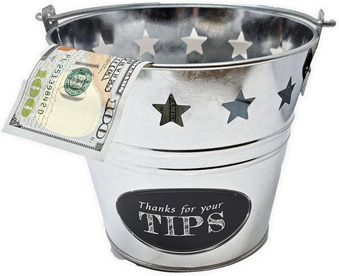Tip Bucket Metal with Stars Design for Bar, Club, Musicians, Bartenders Money Tip Jar, 6” Diameter x 5.5” Height