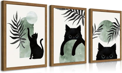 Framed Sage Green Cat Wall Art Set of 3, Natural OAK Wood