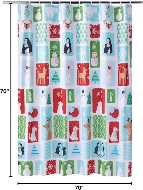 Christmas Holiday Cheer Fabric Shower Curtain - Winter Theme with Snowmen, Penguins, Polar Bears, Deer, 70x70 inch