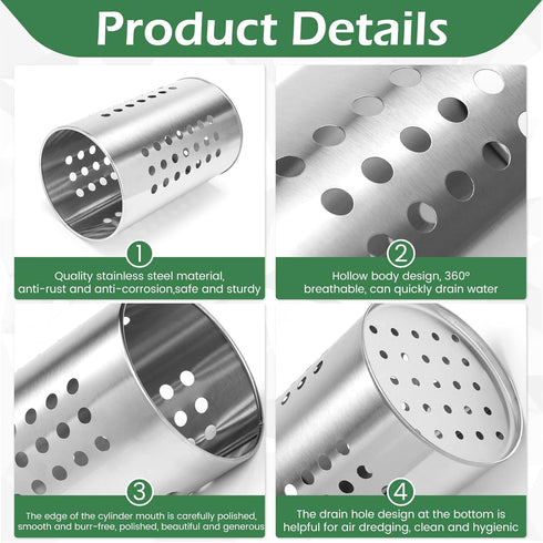 EORTA Stainless Steel Kitchen Utensil Holder, Flatware Cylinder Draining Organizer with Round Drain Holes