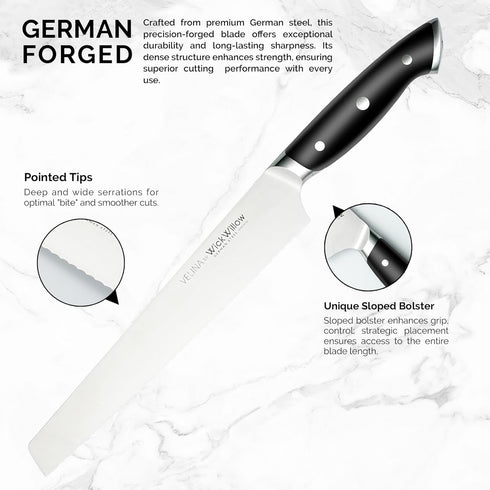 WICKWILLOW 10 Inch X50CrMoV15 Bread Knife German Steel Serrated Knife for Homemade Bread, Sourdough & Artisan Loaves