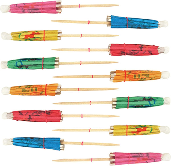 True Umbrella Appetizer Picks - Mini Umbrella Toothpicks, Multicolor, Wood, Set of 12