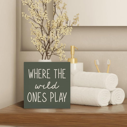 5X5, Where The Wild Ones Play Green Wood Box Sign Desk Decor Nursery Kids Room Wooden Block Sign Decorations