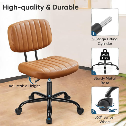 Armless 360 DUMOS Small Home Office Desk Chair - Vanity Task Chair with Low Back, Height Adjustable PU Leather Swivel