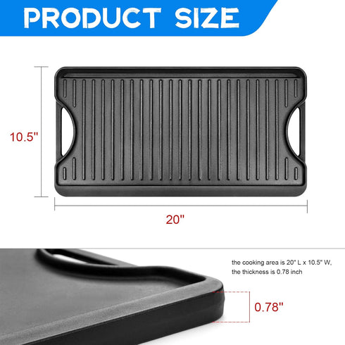 GGC Cast Iron Reversible Griddle, 2-in-1 Griddle Pan for Gas Stove Tops, 20 x 10.5 Flat and Ribbed Plate