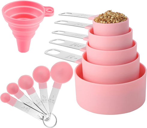 Huygens Measuring Cups and Spoons Set, 10 Pieces, Stackable Stainless Steel Handle, Pink for Dry and Liquid Ingredients