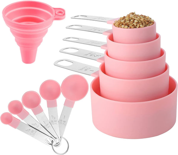 Huygens Measuring Cups and Spoons Set, 10 Pieces, Stackable Stainless Steel Handle, Pink for Dry and Liquid Ingredients