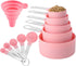 Huygens Measuring Cups and Spoons Set, 10 Pieces, Stackable Stainless Steel Handle, Pink for Dry and Liquid Ingredients