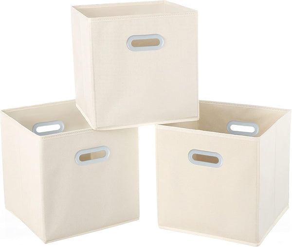 Fabric Cloth Storage Bins, Cube Organizer with Dual Handles, Foldable Storage Baskets for Home, Set of 3, Creamy-White