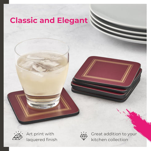Pimpernel Classic Burgundy Drink Coasters, Set of 6, Heat & Stain Resistant, Non-Slip Cork Backing, 4"