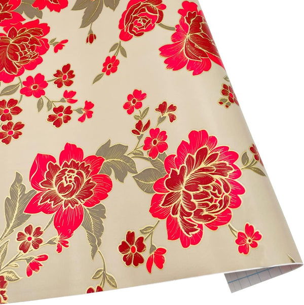 LovingWay 14.7 feet Wallpaper Roll, Red Peony Floral Shelf Liner, 17.7x177 Inch for Home Storage
