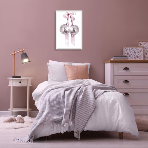 Generic 16x24in Trendy Pink Bow Disco Ball Posters White Cherry Canvas Wall Art Funky Coquette Bow Ribbon Preppy