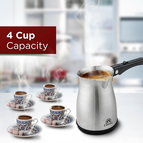 ETHNIQ Turkish Coffee Pot - Stainless Steel, 120V, 1 to 4 Cup Capacity, Fast Brewing Coffee Maker for Home